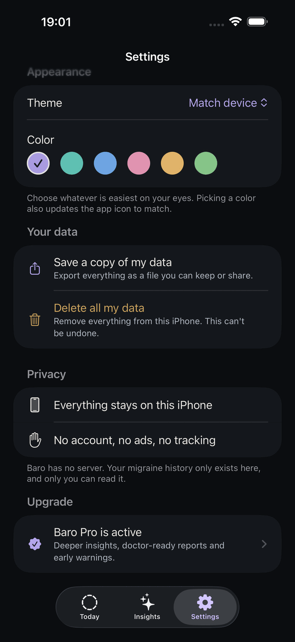 Settings screen showing export, delete and privacy guarantees